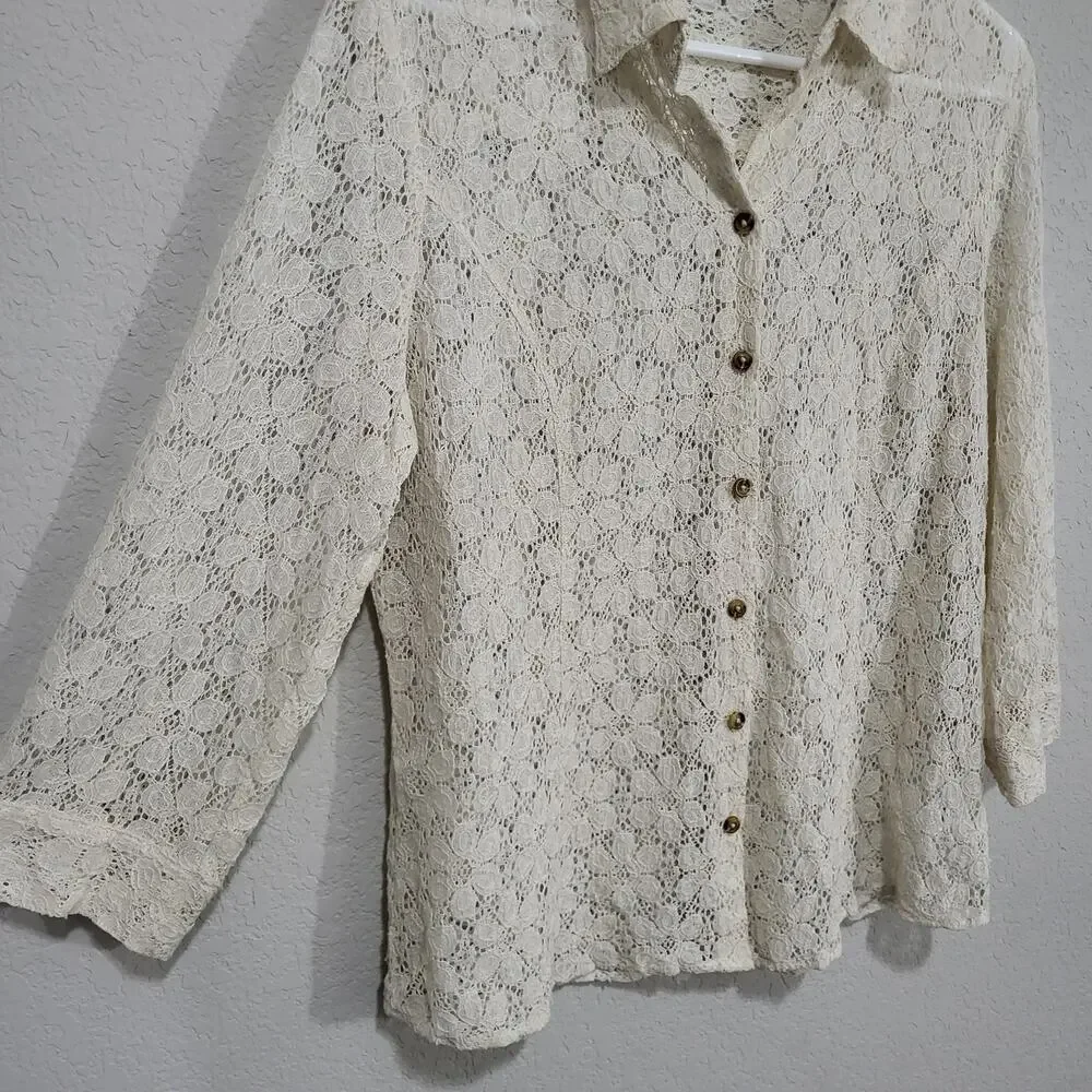 Coldwater Creek Lace Shirt Womens Large Cream Lace Summer Boho Coastal Cottage - Picture 10 of 12